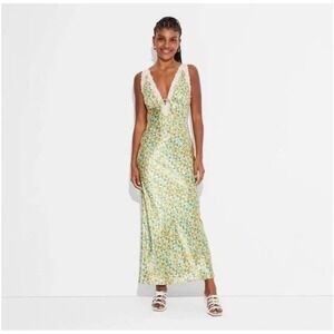 Wild Fable Women's Floral Print Maxi Slip Dress Lace Trim Wedding Guest Size XXS